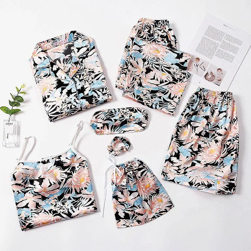 7 Pcs woman pajama set nightdress+top+long short pant set striped sexy female pajamas