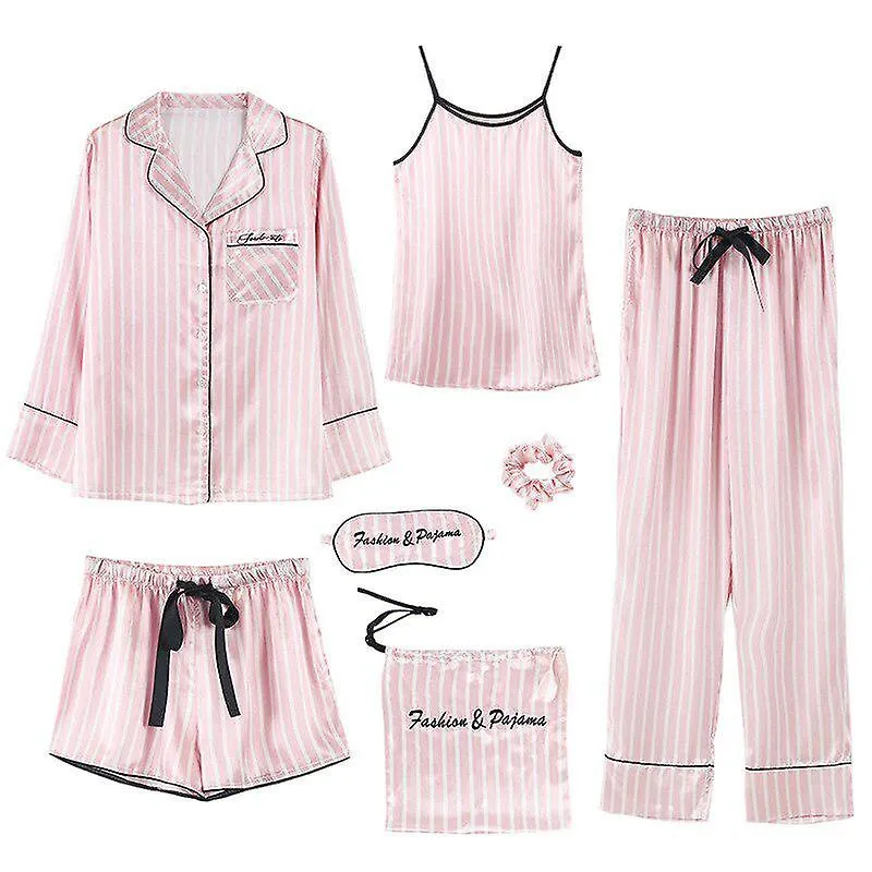 7 Pcs woman pajama set nightdress+top+long short pant set striped sexy female pajamas