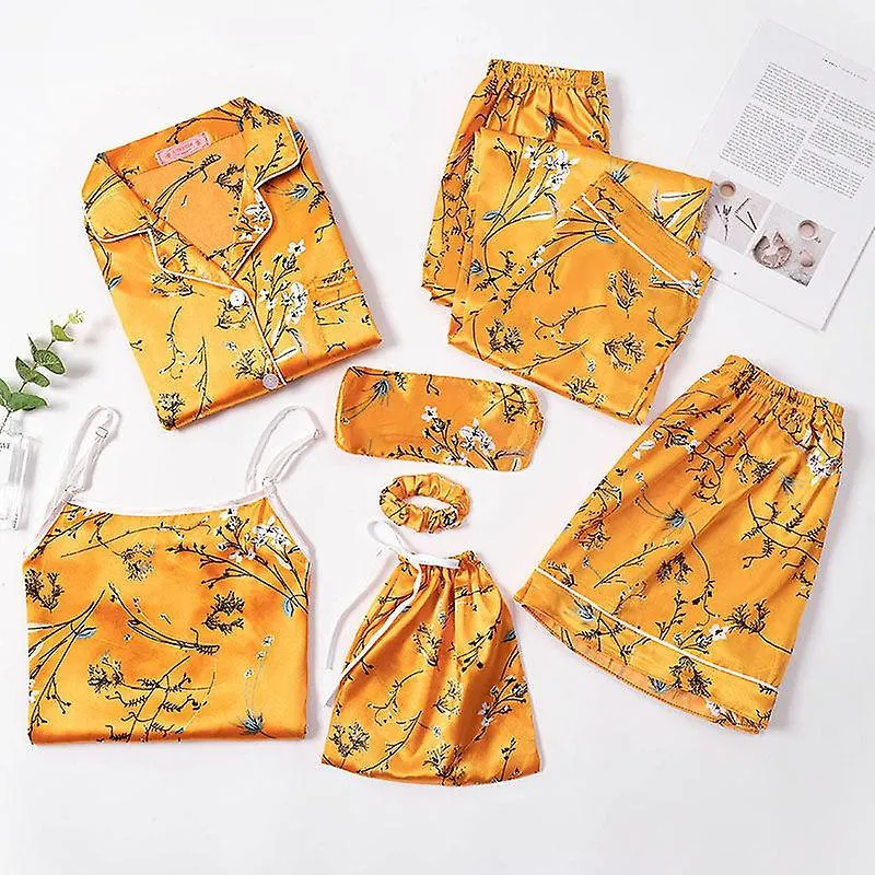 7 Pcs woman pajama set nightdress+top+long short pant set striped sexy female pajamas