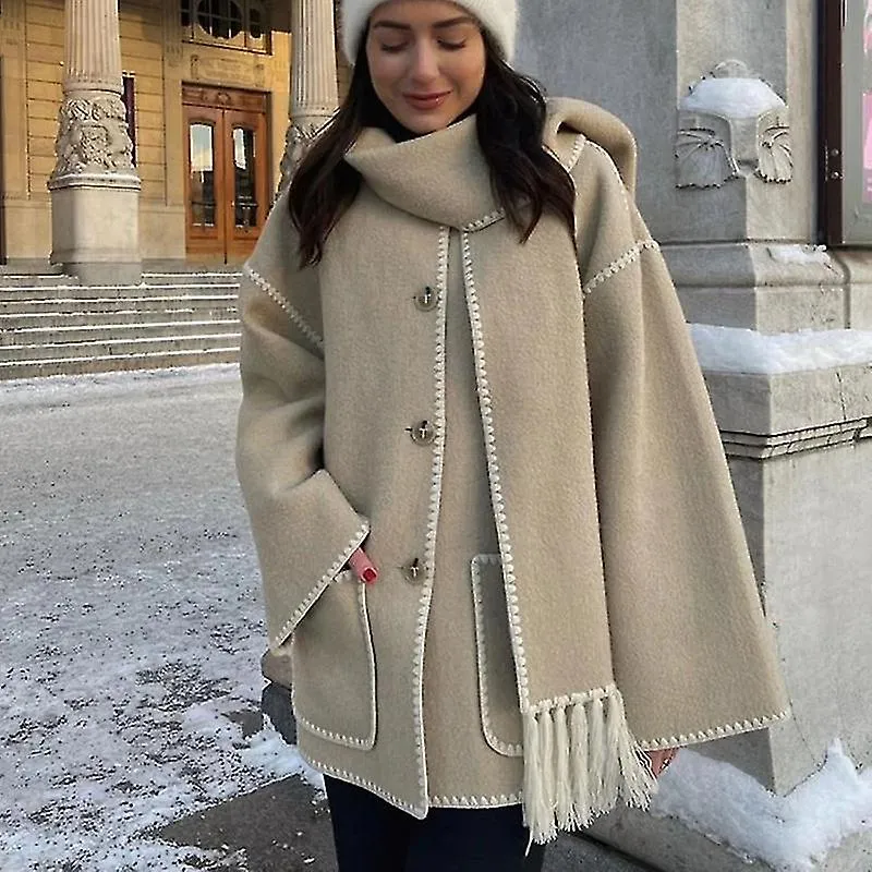 Abrigo de mujer con bufanda de borlas Chaqueta de invierno bordada de botonadura simple femenina