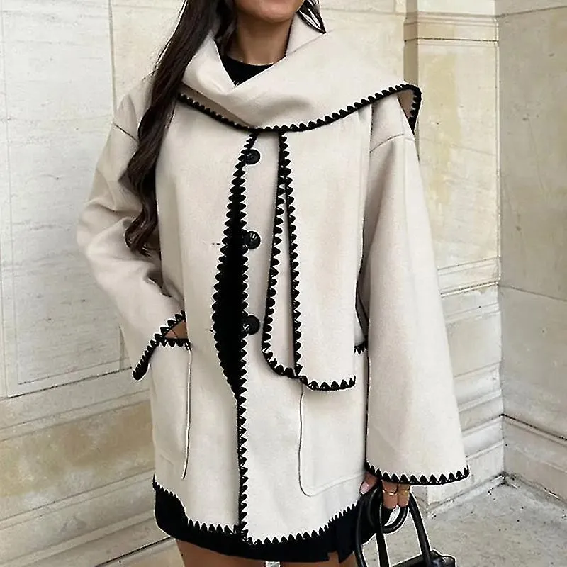 Abrigo de mujer con bufanda de borlas Chaqueta de invierno bordada de botonadura simple femenina