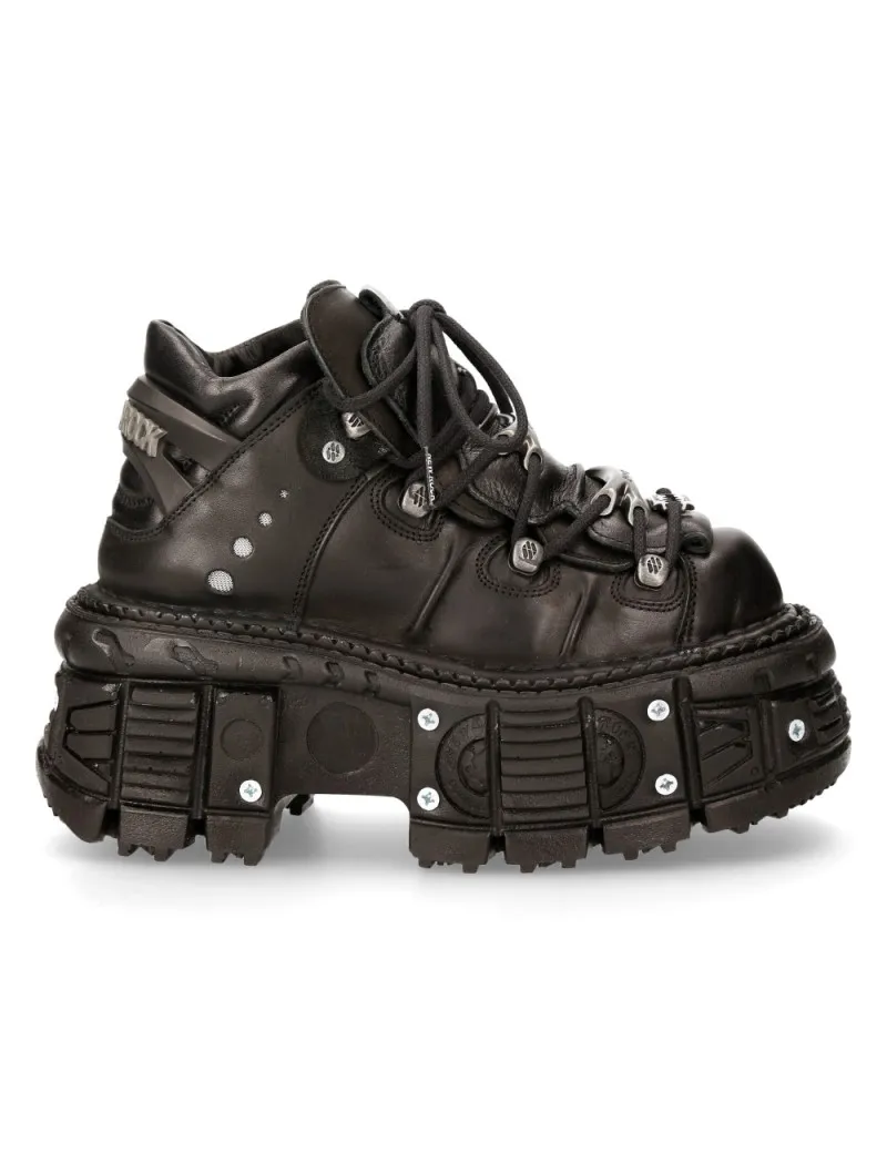 BLACK LEATHER TOWER TANK ANKLE BOOTS