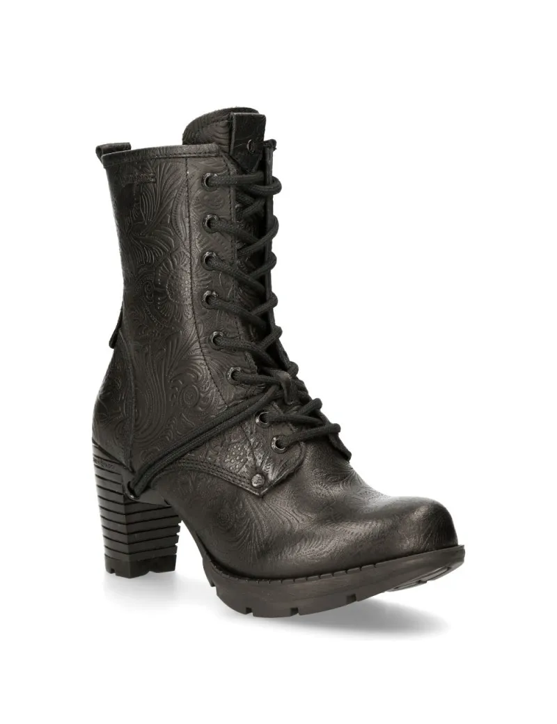 BLACK VINTAGE FLORAL LEATHER GOTHIC ANKLE BOOTS