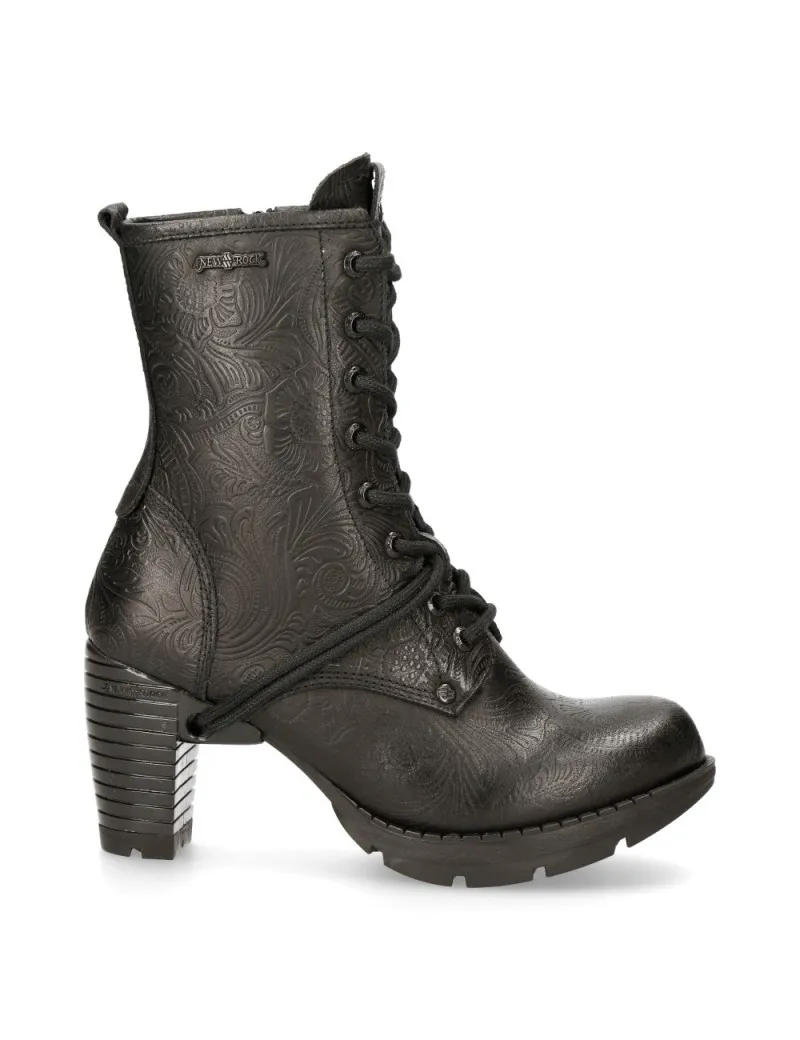 BLACK VINTAGE FLORAL LEATHER GOTHIC ANKLE BOOTS