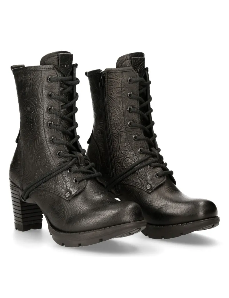 BLACK VINTAGE FLORAL LEATHER GOTHIC ANKLE BOOTS