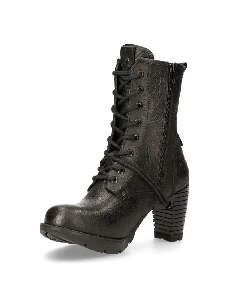 BLACK VINTAGE FLORAL LEATHER GOTHIC ANKLE BOOTS