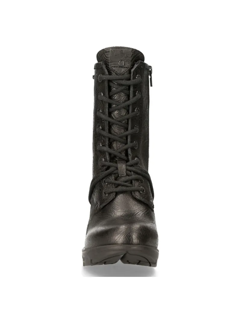 BLACK VINTAGE FLORAL LEATHER GOTHIC ANKLE BOOTS