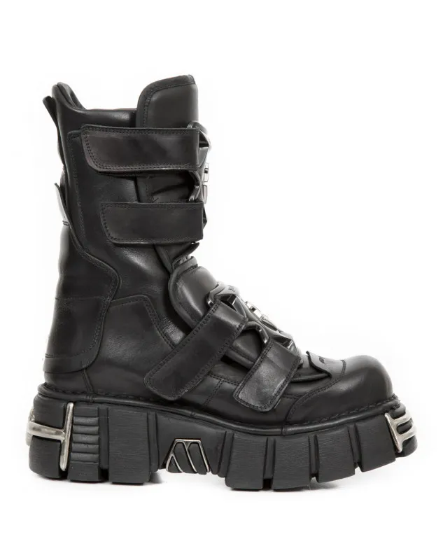 BOTAS DE CUERO NEGRO CON CORREAS DE VELCRO METALLIC ACERO