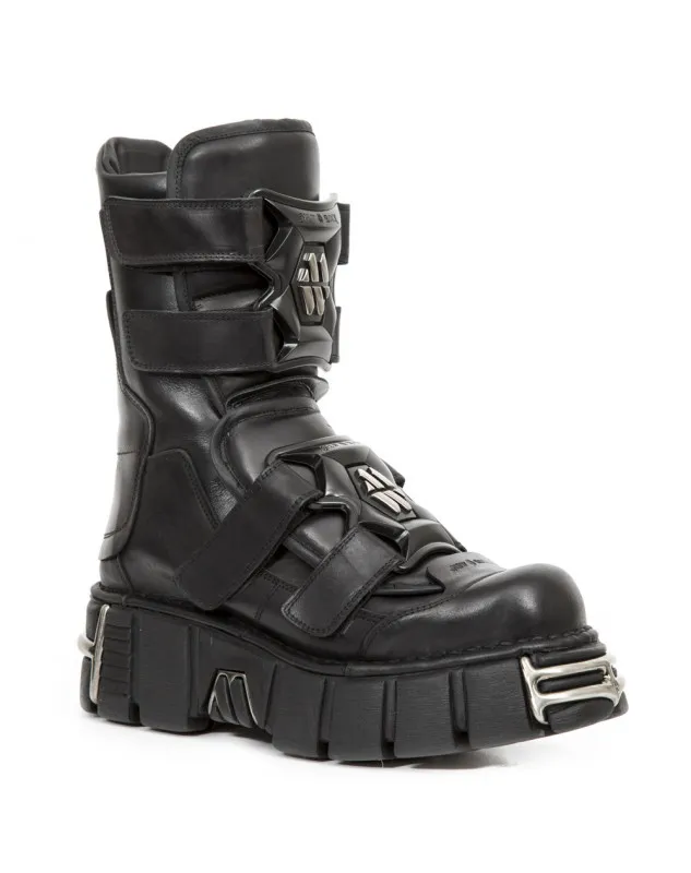 BOTAS DE CUERO NEGRO CON CORREAS DE VELCRO METALLIC ACERO