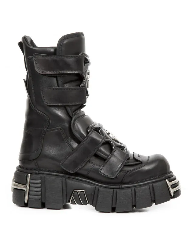 BOTAS DE CUERO NEGRO CON CORREAS DE VELCRO METALLIC ACERO