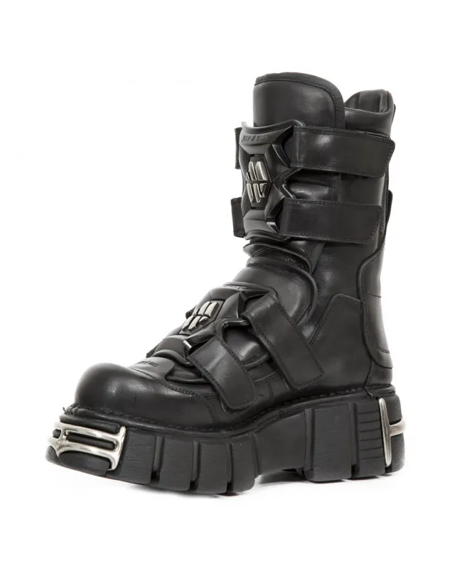 BOTAS DE CUERO NEGRO CON CORREAS DE VELCRO METALLIC ACERO