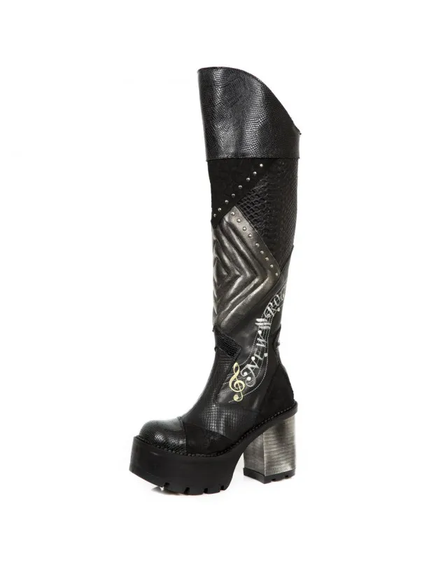 BOTAS DE PIEL TACON ALTO ESTILO SERPIENTE ACERO NEGRAS