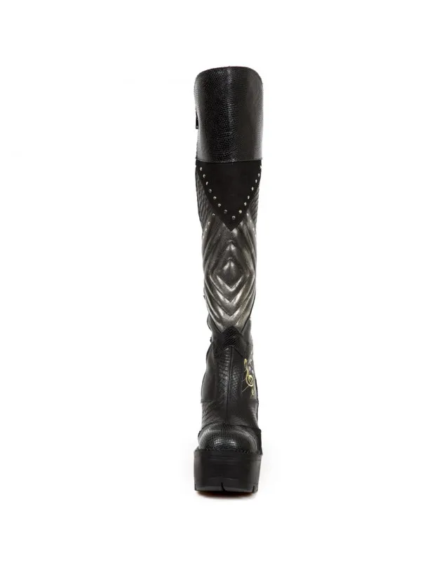 BOTAS DE PIEL TACON ALTO ESTILO SERPIENTE ACERO NEGRAS