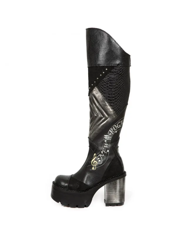 BOTAS DE PIEL TACON ALTO ESTILO SERPIENTE ACERO NEGRAS