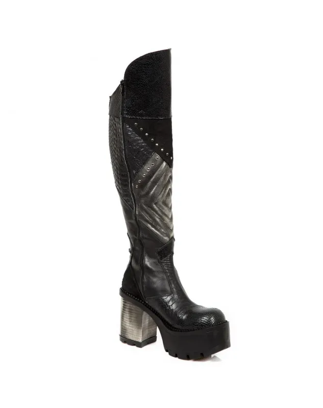 BOTAS DE PIEL TACON ALTO ESTILO SERPIENTE ACERO NEGRAS