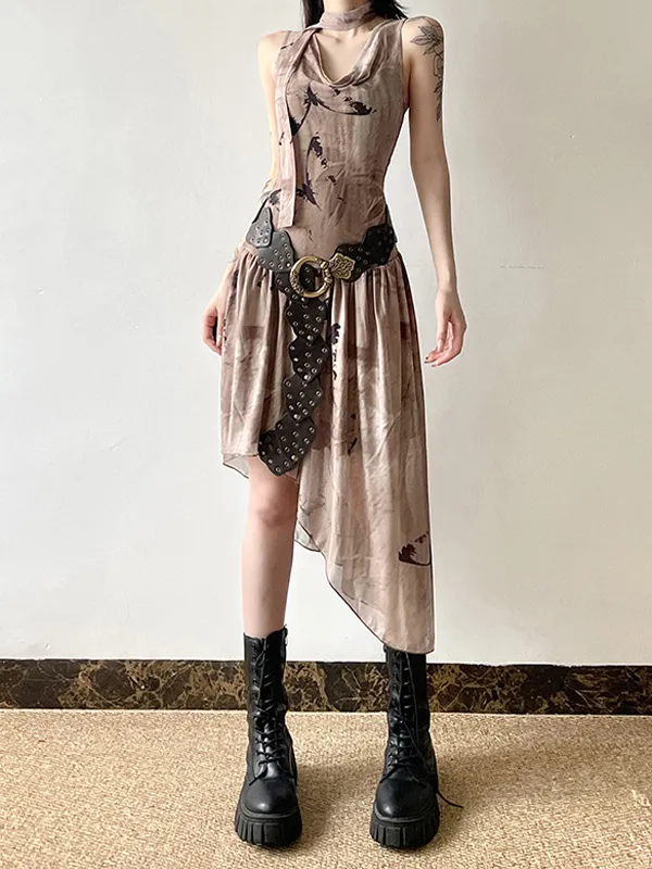 Bufanda con estampado de mariposas de estilo errante, cuello oscilante y minivestidos de cintura delgada