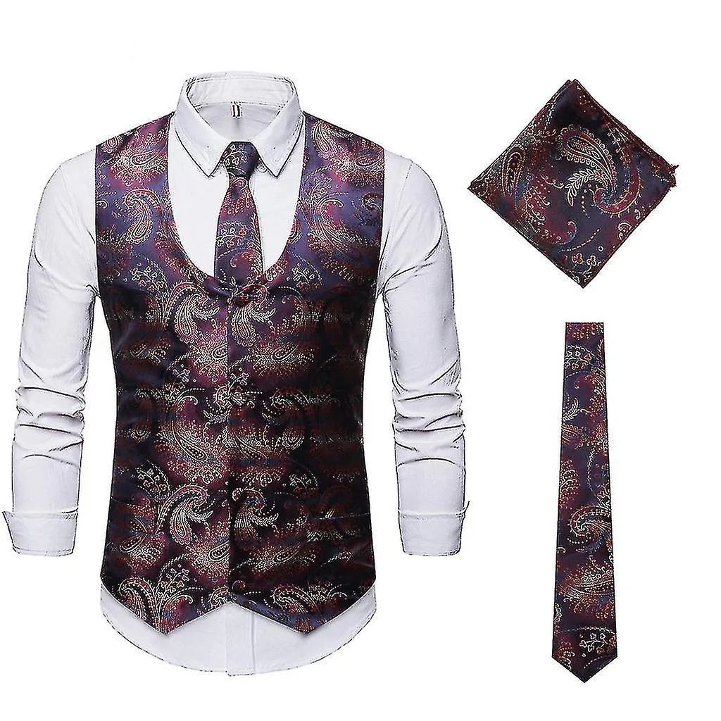Chaleco Jacquard de cuello en U para hombre Traje de chaleco de tres piezas (chaleco + corbata + bufanda cuadrada)