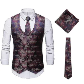 Chaleco Jacquard de cuello en U para hombre Traje de chaleco de tres piezas (chaleco Corbata bufanda cuadrada)