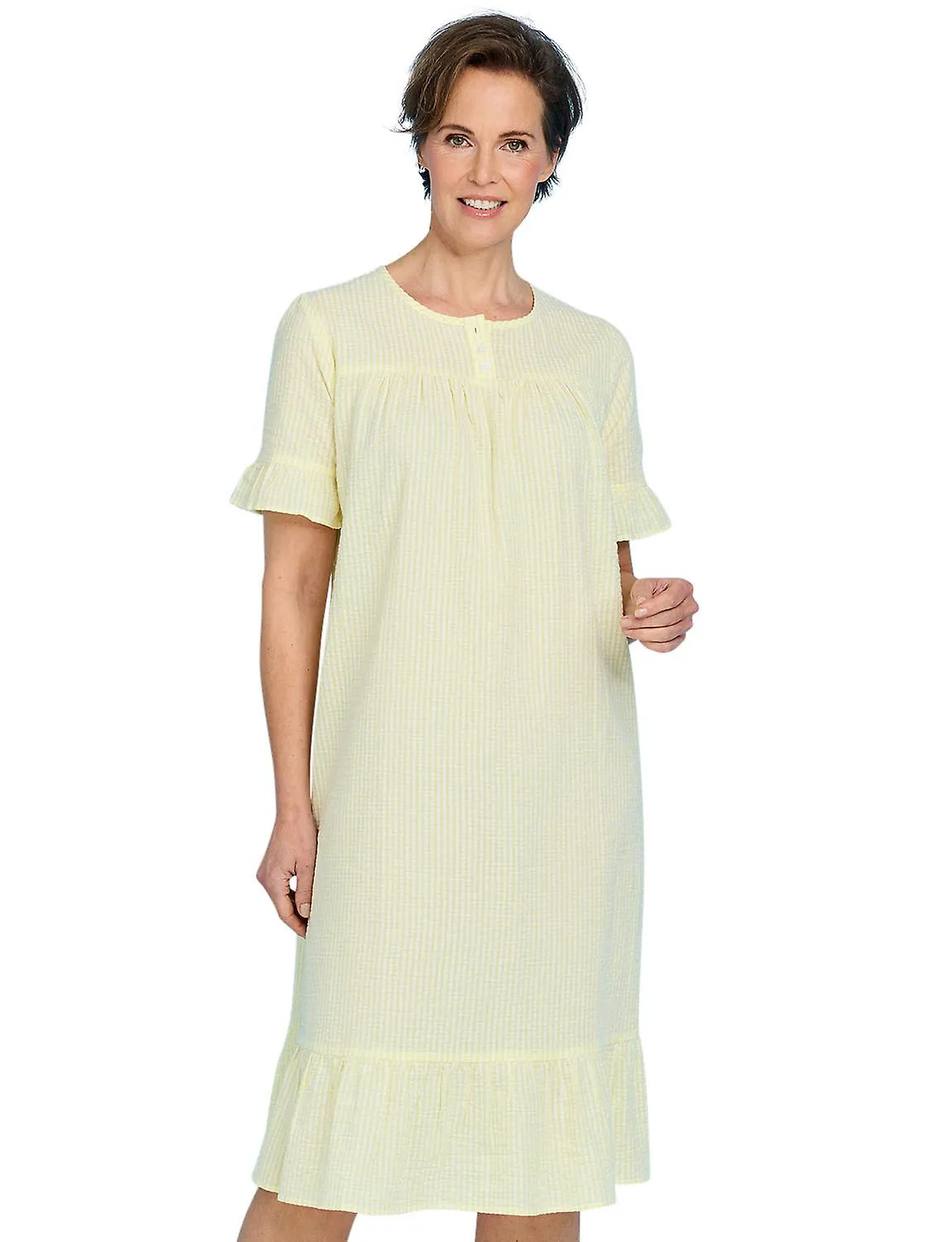 Chums | Ladies | Seersucker Cotton Nightdress | Tiered Hem & Frill Cuffs