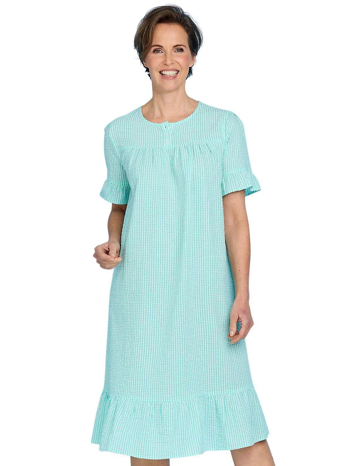 Chums | Ladies | Seersucker Cotton Nightdress | Tiered Hem & Frill Cuffs