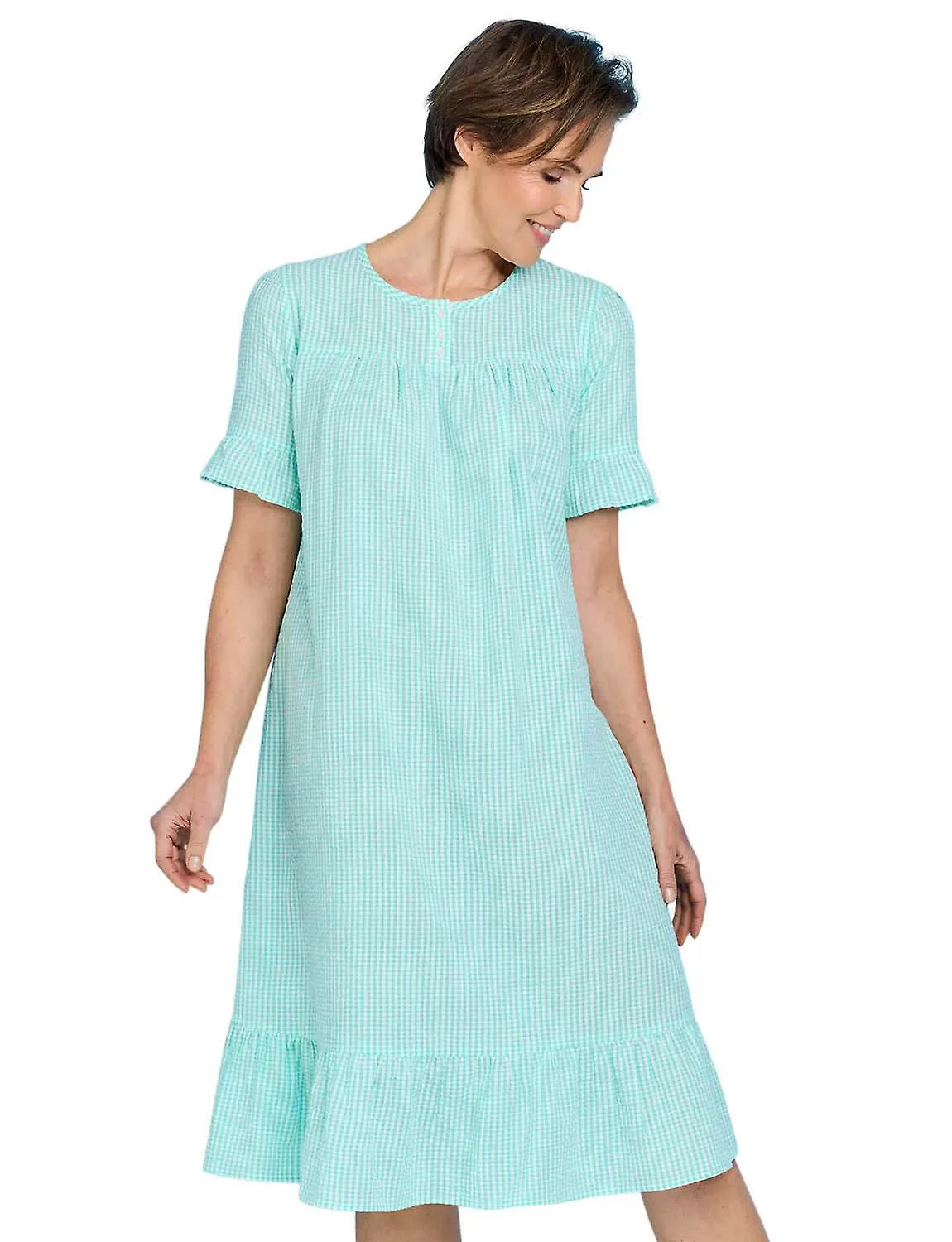 Chums | Ladies | Seersucker Cotton Nightdress | Tiered Hem & Frill Cuffs