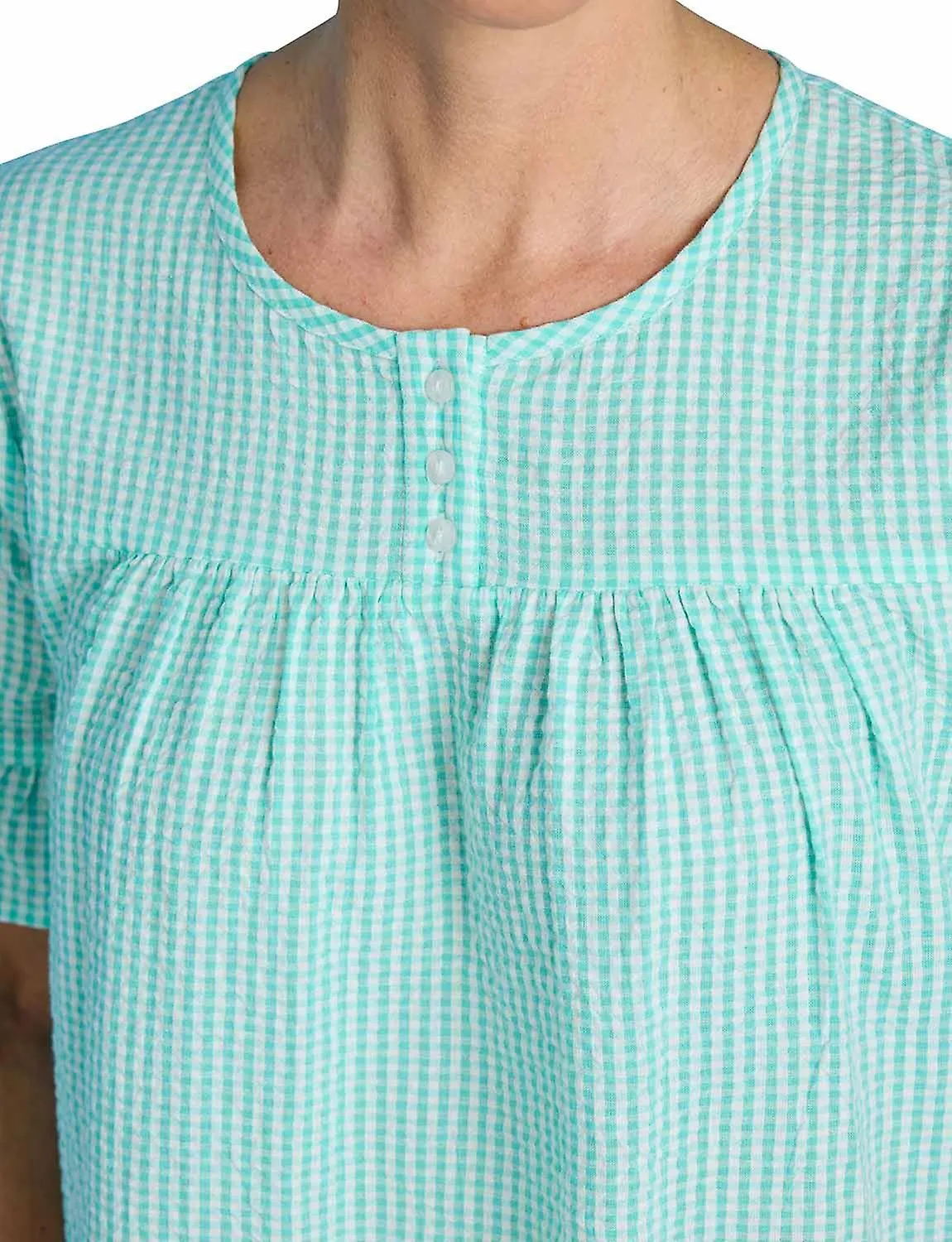 Chums | Ladies | Seersucker Cotton Nightdress | Tiered Hem & Frill Cuffs