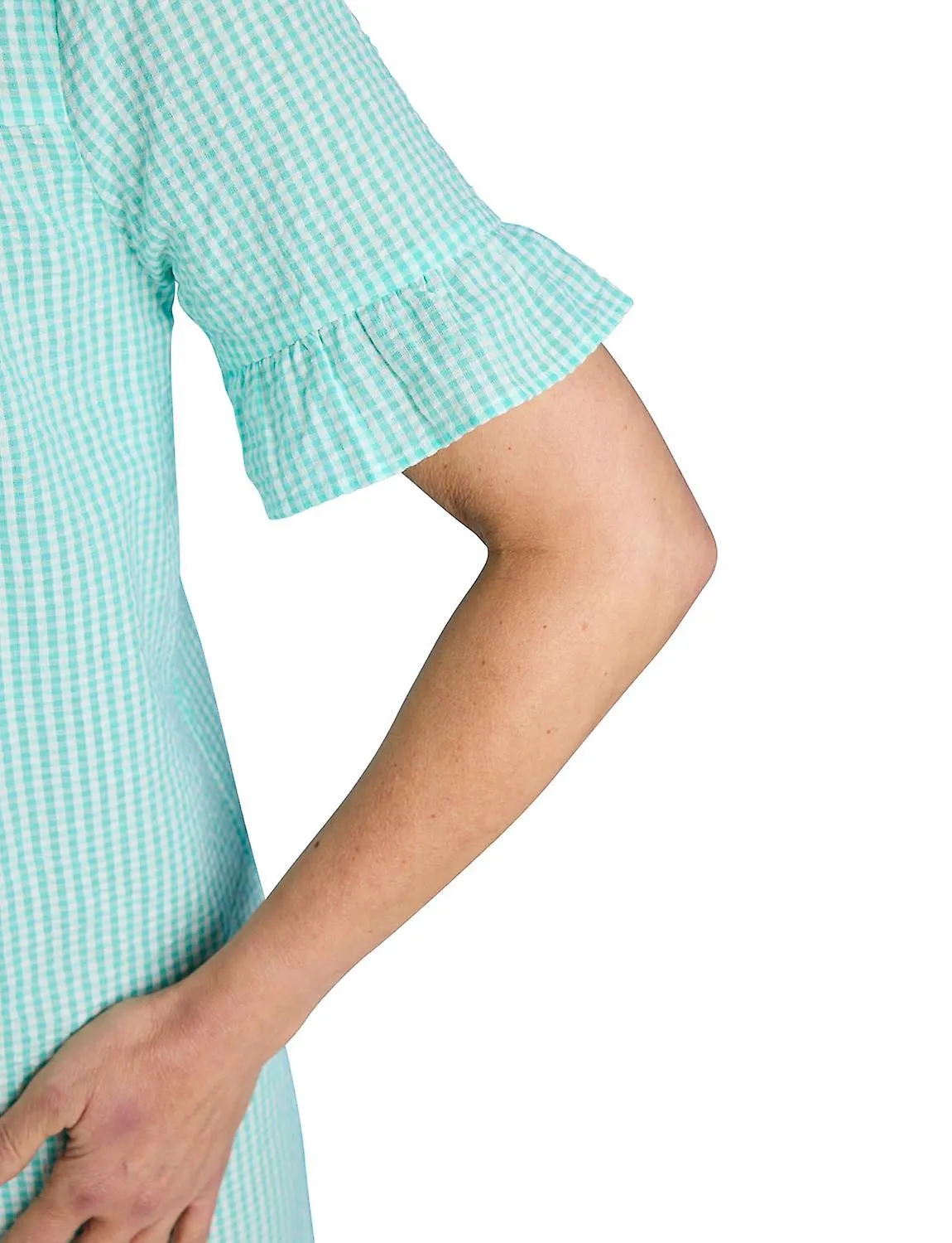 Chums | Ladies | Seersucker Cotton Nightdress | Tiered Hem & Frill Cuffs