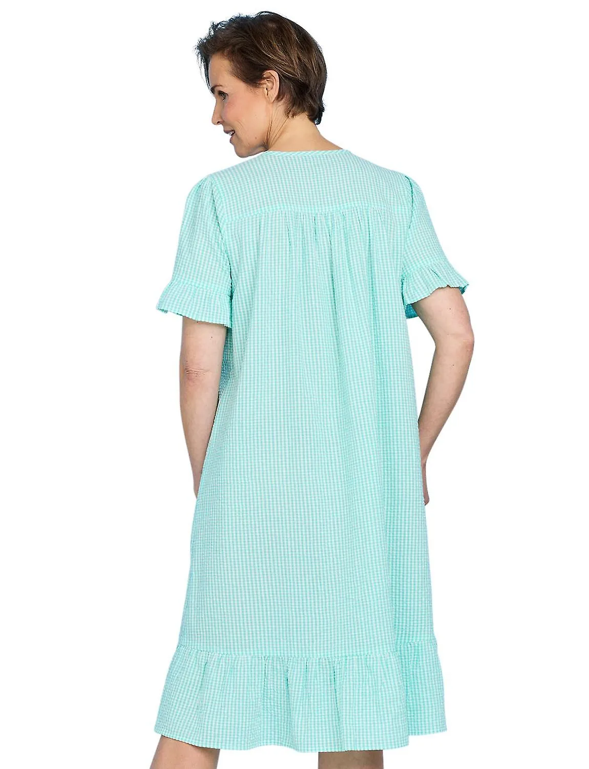 Chums | Ladies | Seersucker Cotton Nightdress | Tiered Hem & Frill Cuffs