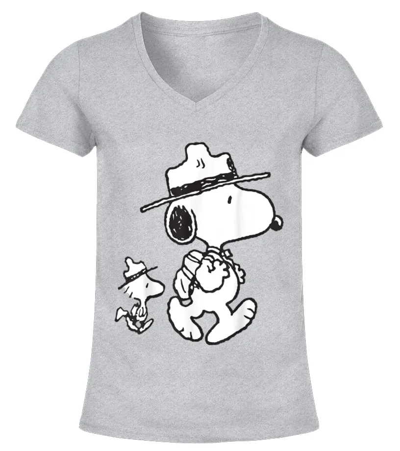 Funny Snoopy Woodstock Camping T Shirt Camiseta cuello pico Mujer