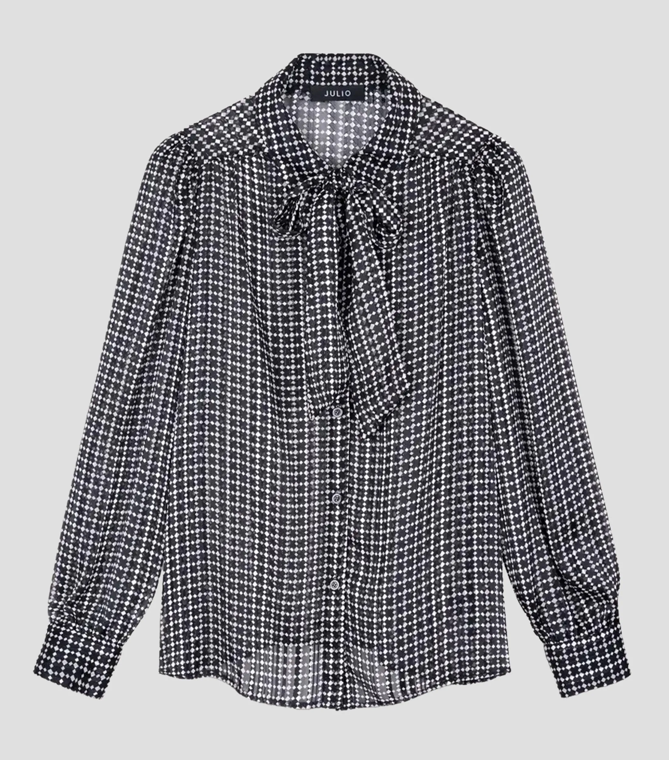 Julio Blusa Negra Jacquard Estampado Geométrico Con Corbatín Mujer
