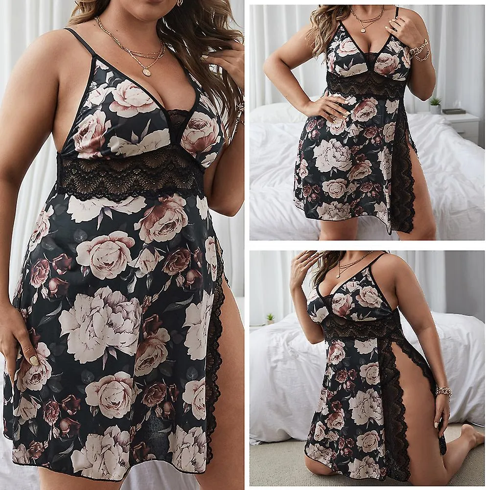 LARGE SIZE FLORAL PRINT SLIT SUSPENDERS NIGHTDRESS COMFORTABLE ULTRATHIN UNLINE LINGERIE FOR WOMEN FEMALE