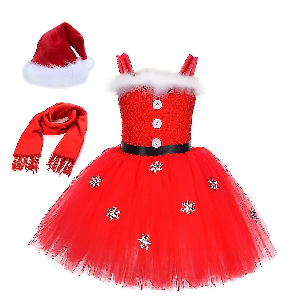 Navidad Niños Niñas Tul Sling Vestido Santa Hat Bufanda Set Trajes Fiesta de disfraces de Navidad Carnaval Conjuntos de vestidos
