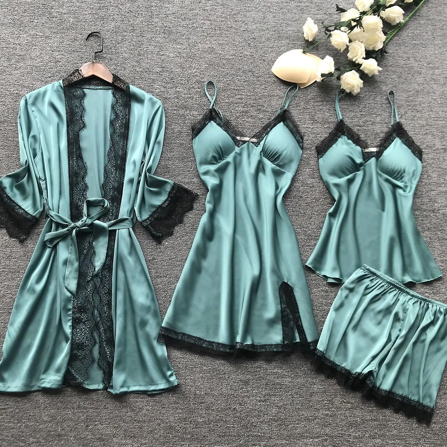 New stain black lace fashion women sleepwear with chest pad nightdress shorst cardigan set pajamas