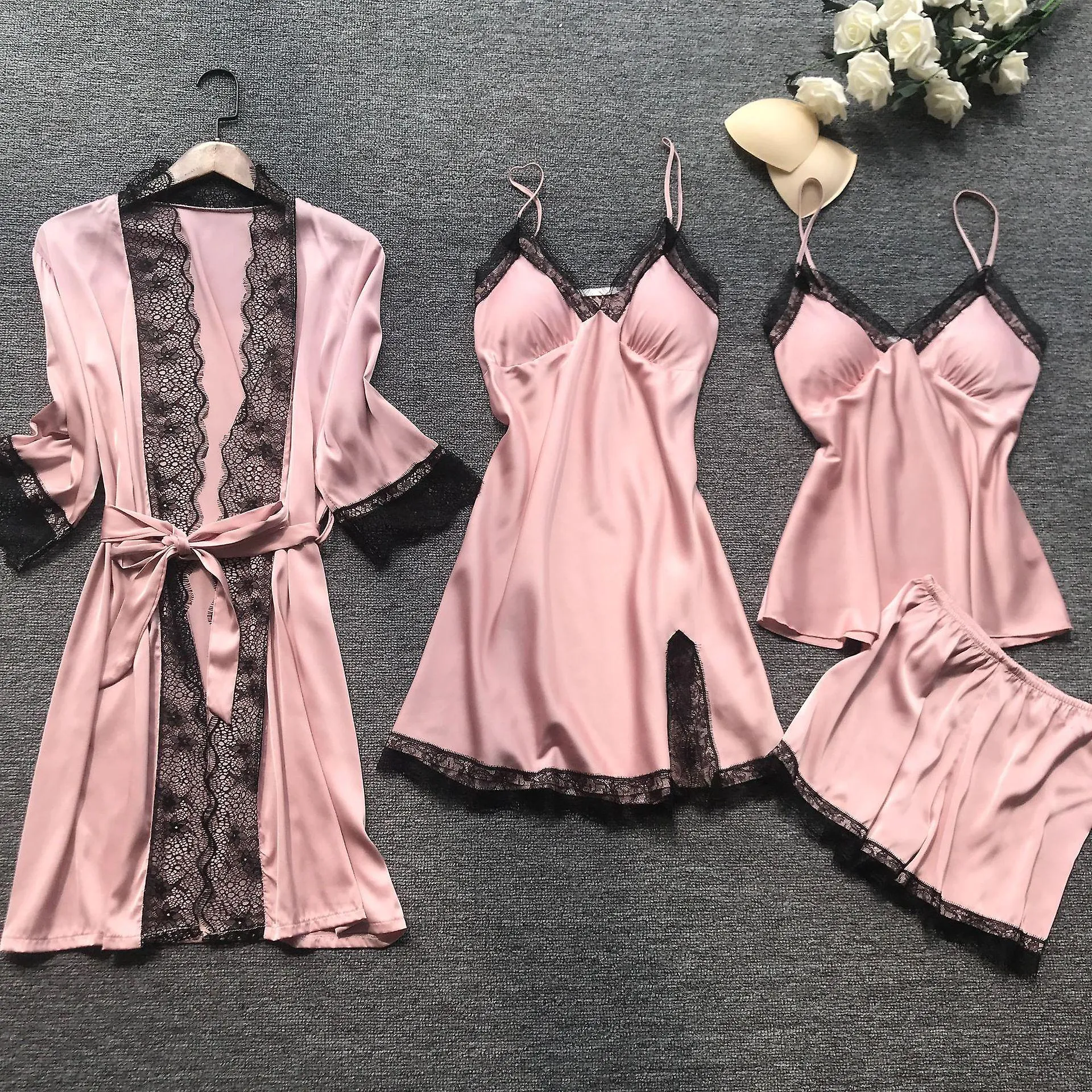 New stain black lace fashion women sleepwear with chest pad nightdress shorst cardigan set pajamas