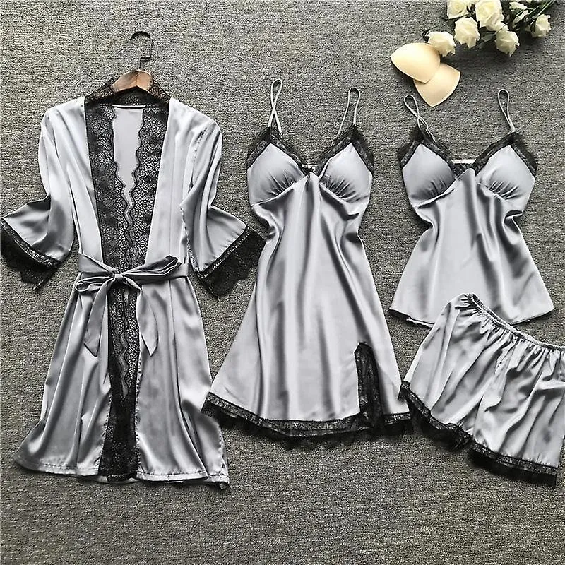 New stain black lace fashion women sleepwear with chest pad nightdress shorst cardigan set pajamas