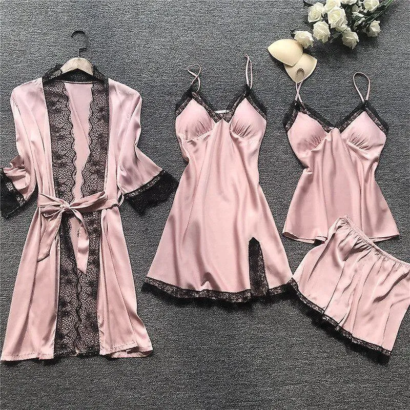 New stain black lace fashion women sleepwear with chest pad nightdress shorst cardigan set pajamas