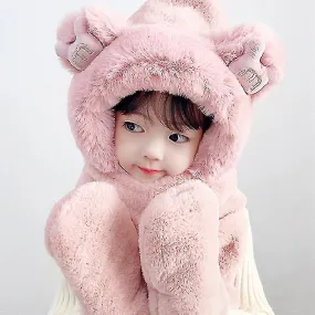 Niños Adolescentes Chicas 3 en 1 Set Cálido Peluche Esponjoso Dibujos Animados Sombrero de Invierno Bufanda Guantes de manopla