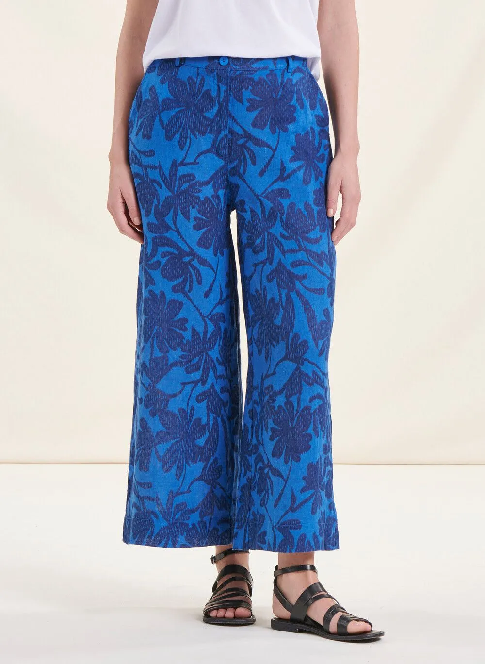 Pantalón ancho de lino estampado en azul