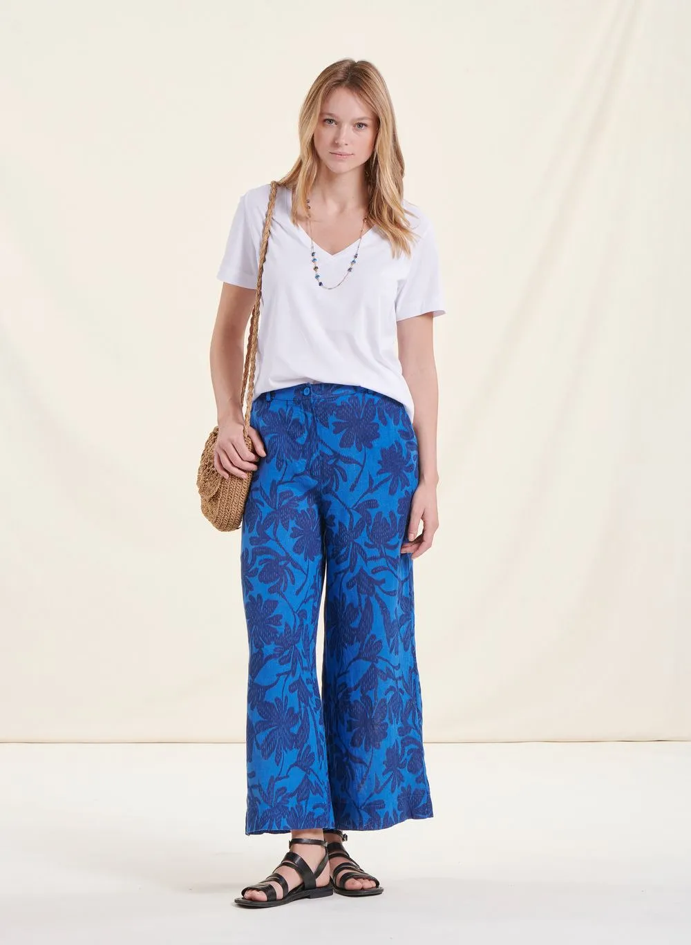 Pantalón ancho de lino estampado en azul