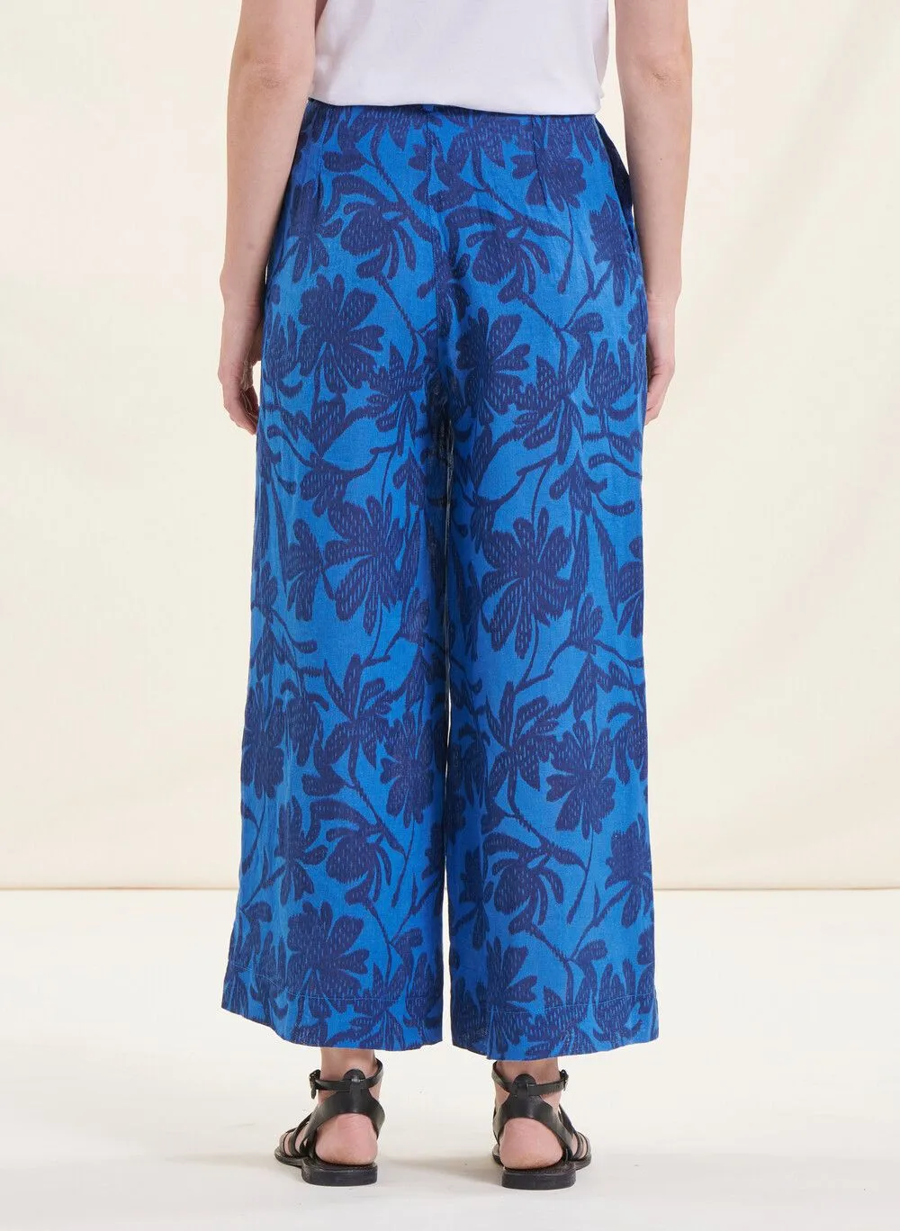 Pantalón ancho de lino estampado en azul