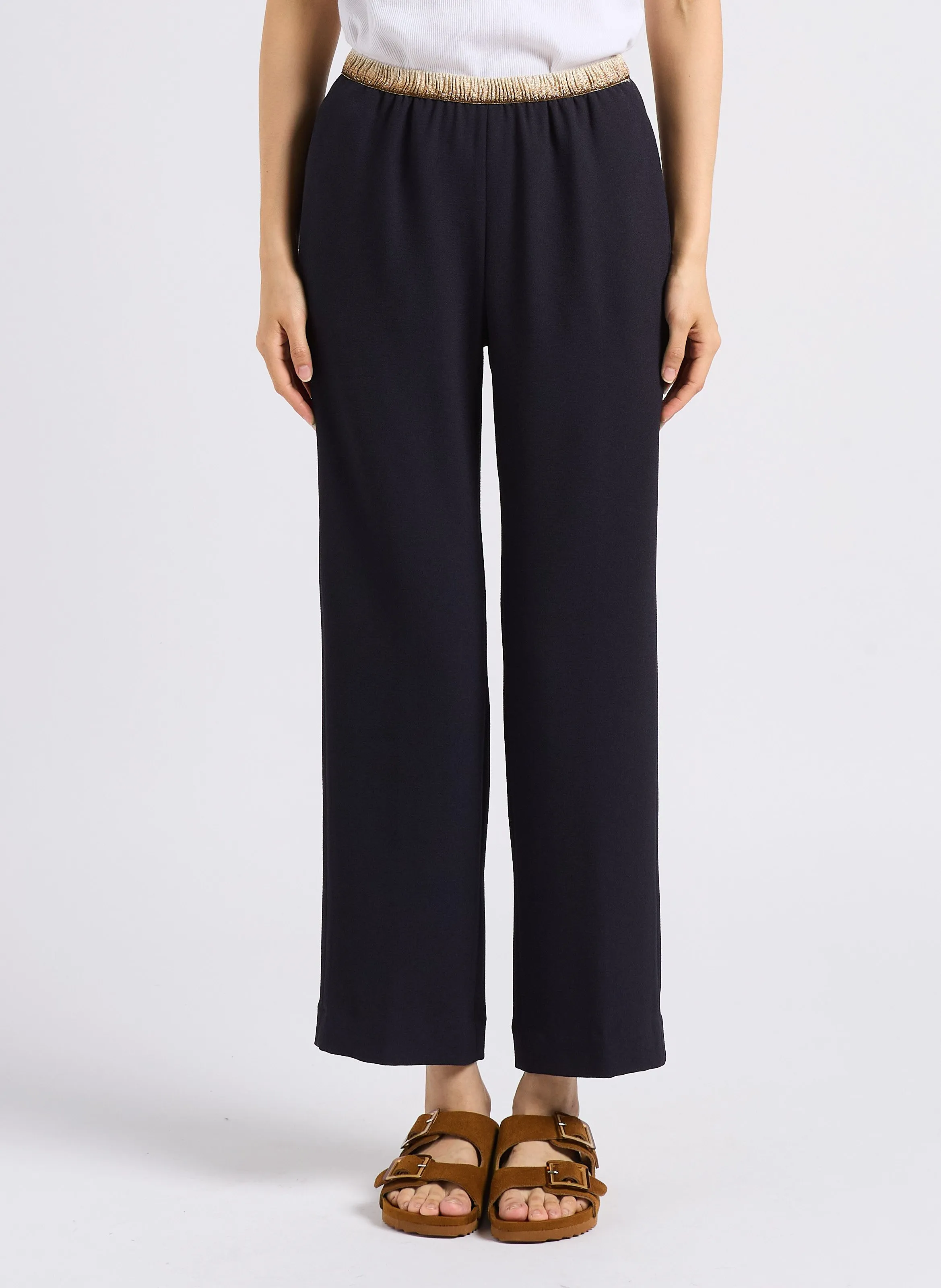 PRUNELLOR  PANTALóN RECTO CON CINTURA DORADA EN AZUL