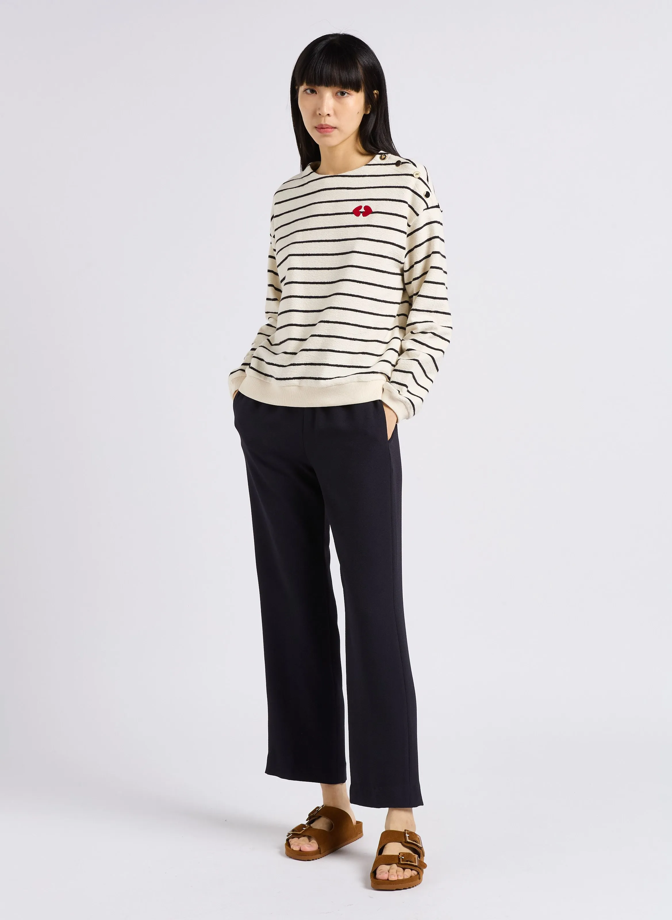 PRUNELLOR  PANTALóN RECTO CON CINTURA DORADA EN AZUL