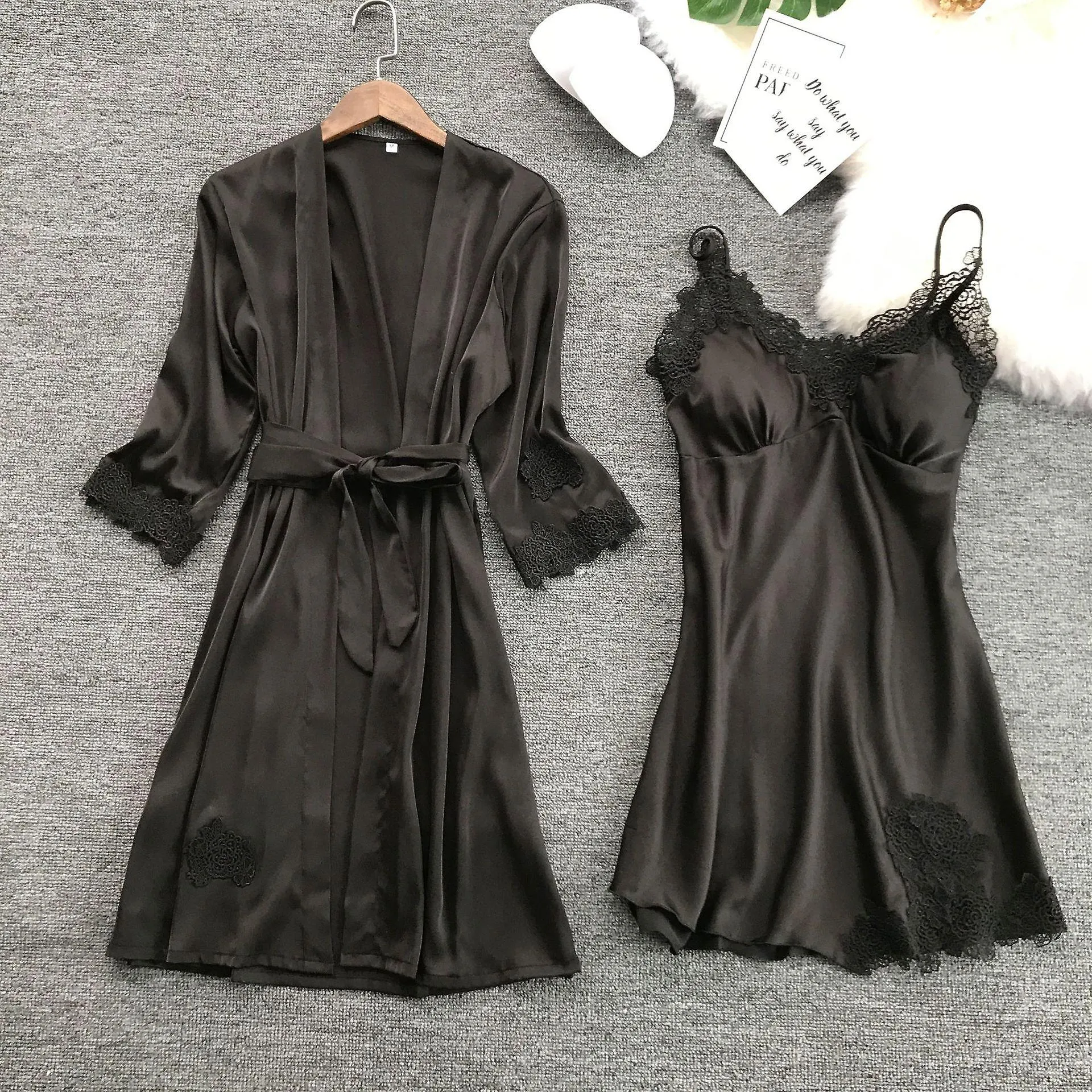 SUMMER SEXY LACE WOMEN ROBE SET VNECK WITH CHEST PAD NIGHTDRESS CARDIGAN SET PYJAMAS