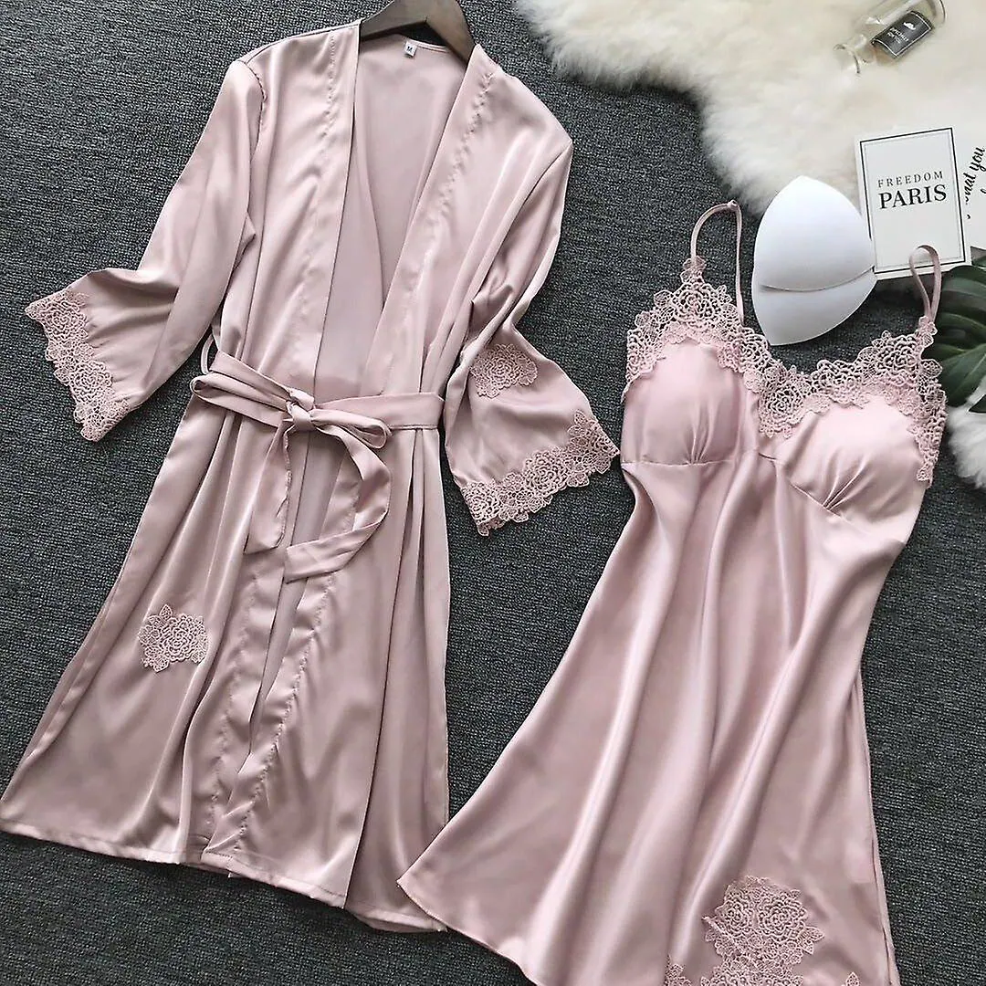 SUMMER SEXY LACE WOMEN ROBE SET VNECK WITH CHEST PAD NIGHTDRESS CARDIGAN SET PYJAMAS