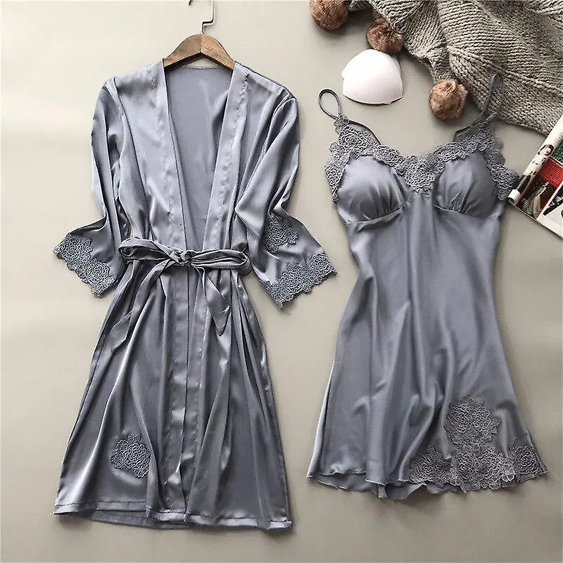 SUMMER SEXY LACE WOMEN ROBE SET VNECK WITH CHEST PAD NIGHTDRESS CARDIGAN SET PYJAMAS