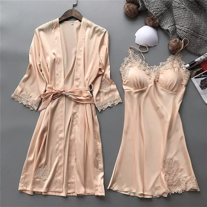 SUMMER SEXY LACE WOMEN ROBE SET VNECK WITH CHEST PAD NIGHTDRESS CARDIGAN SET PYJAMAS