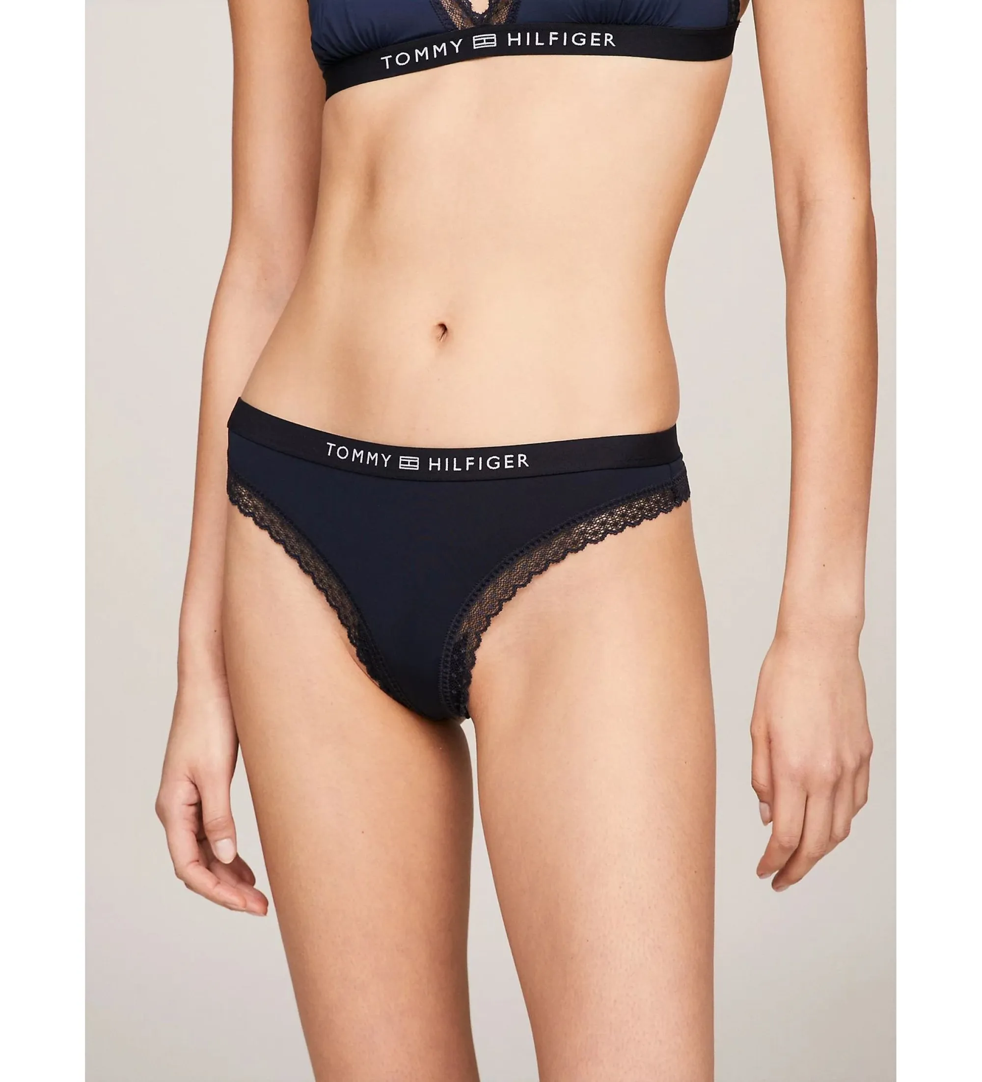 TOMMY HILFIGER TANGA CON LOGO Y ENCAJE TONALES MARINO