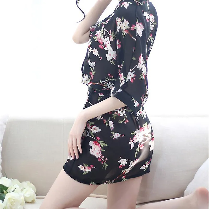Women Floral Print Sexy Lingerie Nightdress Underwear Robe Chiffon Sleepwear