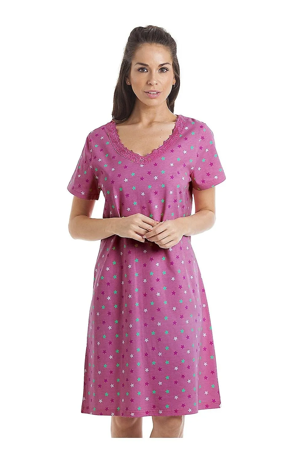 WOMEN'S CAMILLE MULTICOLOURED STAR PRINT FUCHSIA PINK NIGHTDRESS