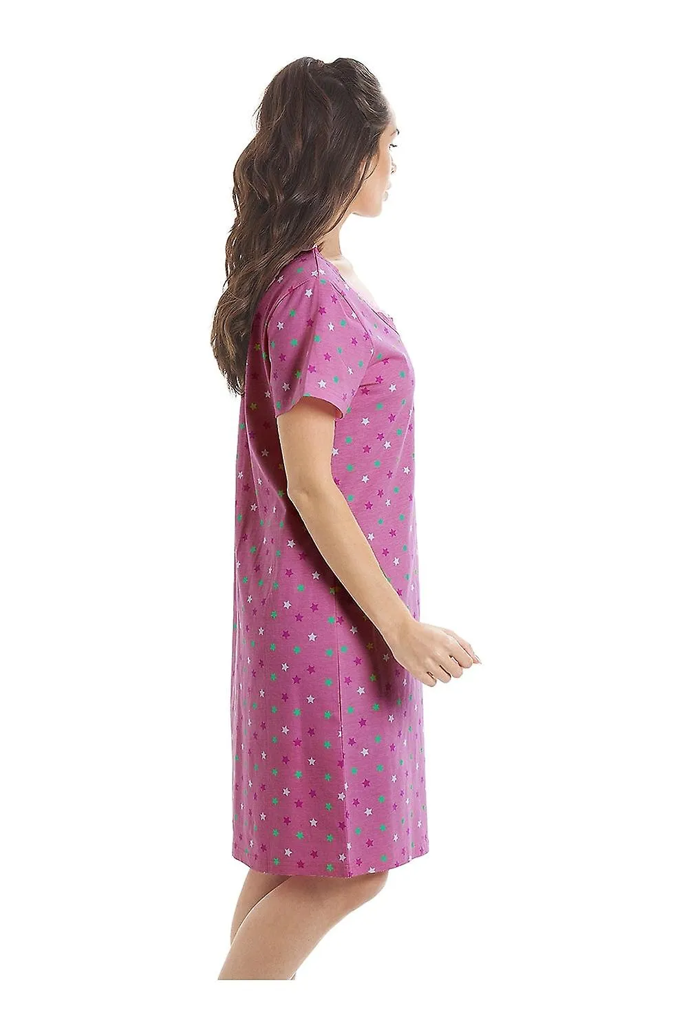 WOMEN'S CAMILLE MULTICOLOURED STAR PRINT FUCHSIA PINK NIGHTDRESS